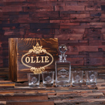 Personalized Whiskey Decanter, 4 Whiskey Glasses & Box T-025280