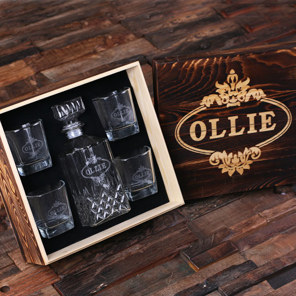 Personalized Whiskey Decanter & Set of 4 Whiskey Glasses in Engraved Keepsake Box T-025290