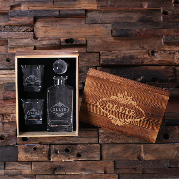 Personalized Whiskey Decanter, Whiskey Glasses in Keepsake Wood Box T-025282