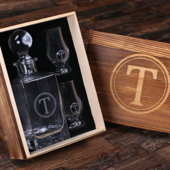 Personalized Whiskey Decanter w Round Bottle Lid 2 Whiskey Glasses Wooden Box 