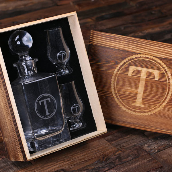 Personalized Whiskey Decanter with Round Stopper & Snifters in Keepsake Wood Box T-025287
