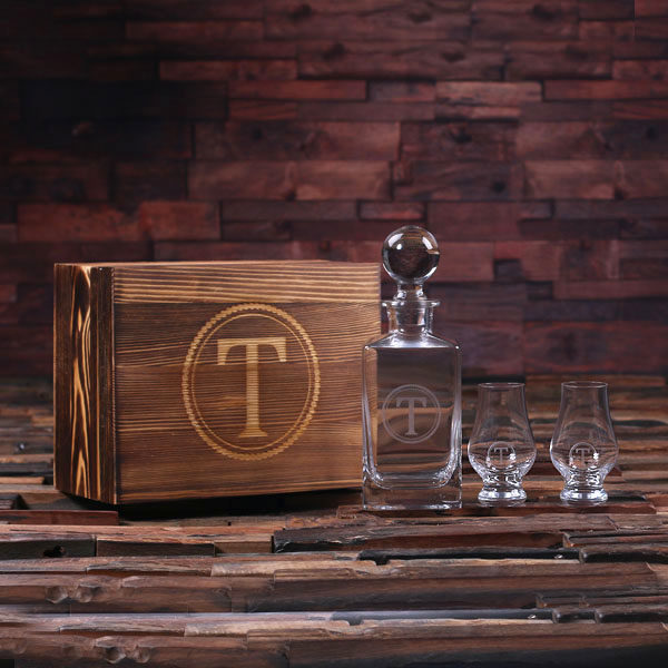 Personalized Whiskey Decanter with Round Stopper, Two Snifters & Engraved Keepsake Box T-025287