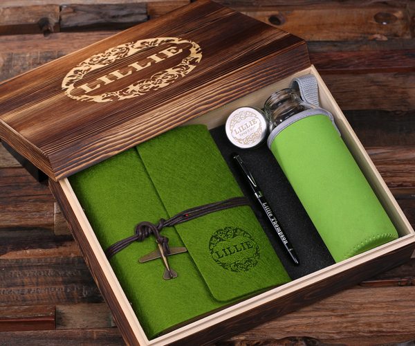 Tropical Green Personalized Felt Journal, Pen & Water Bottle Gift Set T-025321-TropicalGreen