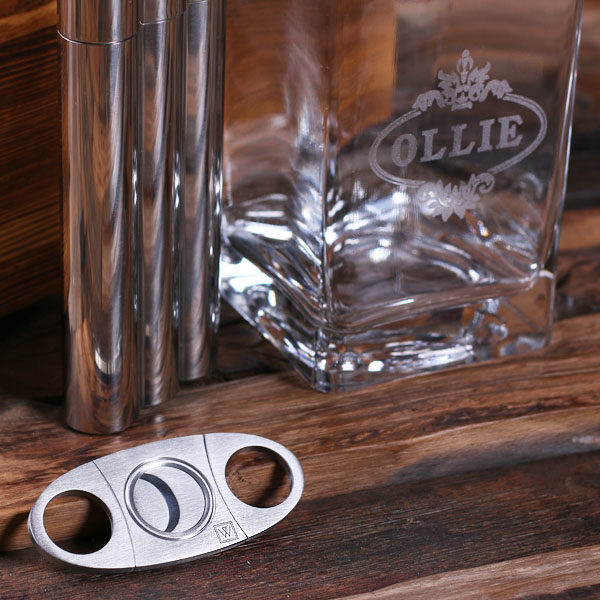 Whiskey Decanter, Cigar Cutter, Cigar Case Closeup T-025288