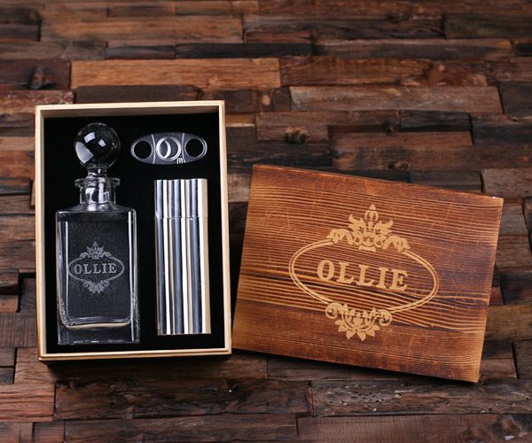 Whiskey Decanter, Cigar Cutter, Cigar Case & Wood Box T-025288