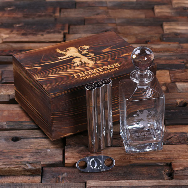 Whiskey Decanter, Cigar Cutter, Cigar Case & Wood Box with Engraved Image T-025288