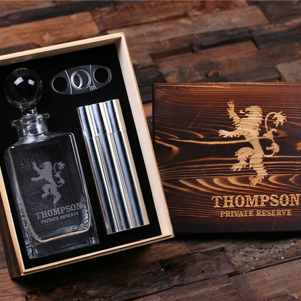Whiskey Decanter, Cigar Cutter, Cigar Case in Keepsake Image Wood Box T-025288