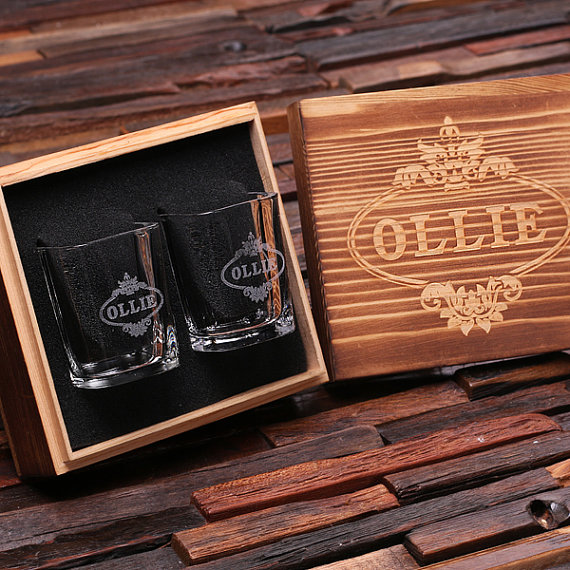 2 Personalized Shot Glass Gift Set with Custom Wood Gift Box T-024965
