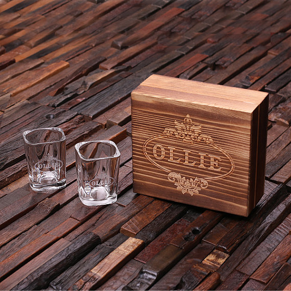 2 Personalized Shot Glasses with Custom Wood Gift Box T-024965