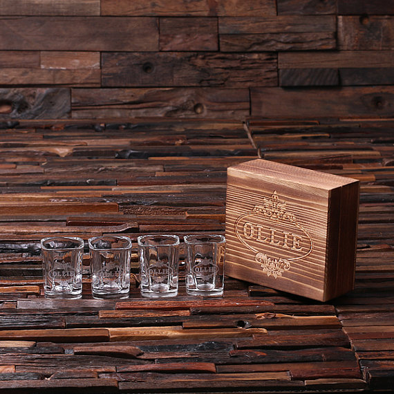4 Personalized Shot Glass Gift Set & Keepsake Wood Box T-024966