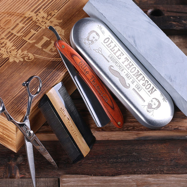 Custom Straight Razor, Comb, Scissors & Sharpening Stone Set Closeup with Box T-025221
