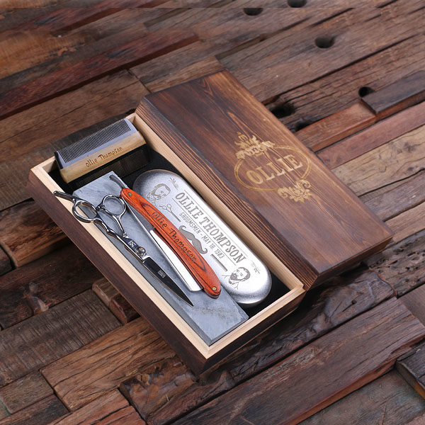 Custom Straight Razor, Comb, Scissors & Sharpening Stone Set in Keepsake Box T-025221
