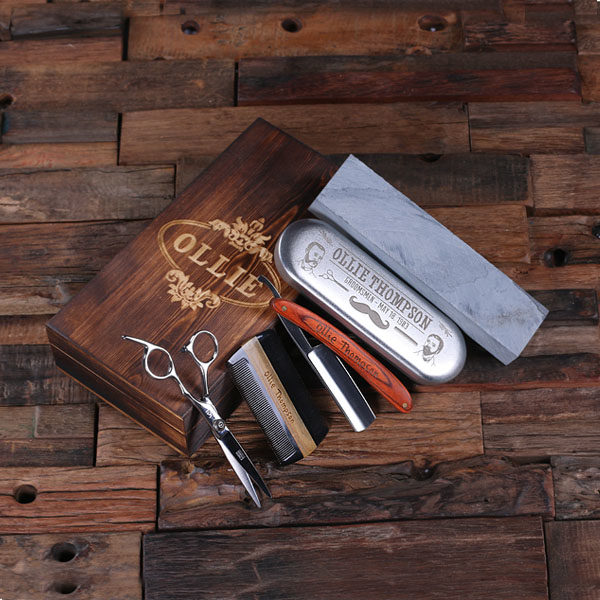 Custom Straight Razor, Comb, Scissors & Sharpening Stone Set with Keepsake Box T-025221