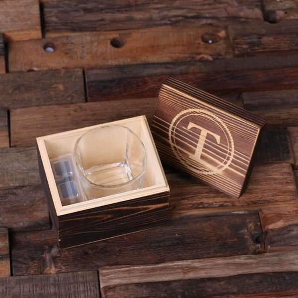 Custom Whiskey Scotch Glass & Stainless Steel Ice Cube Set Inside Keepsake Wood Box T-025247