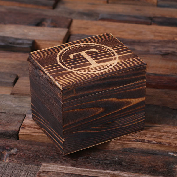 Custom Whiskey Scotch Glass & Stainless Steel Ice Cube Set Keepsake Wood Box T-025247