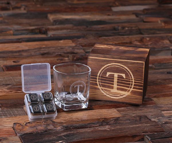 Custom Whiskey Scotch Glass & Stainless Steel Ice Cube Set T-025247