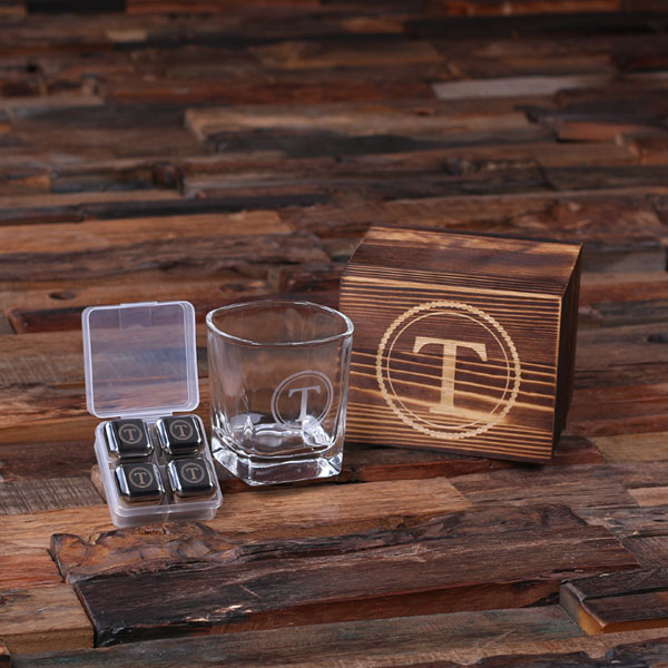 Custom Whiskey Scotch Glass & Stainless-Steel Ice Cube Set - Teals