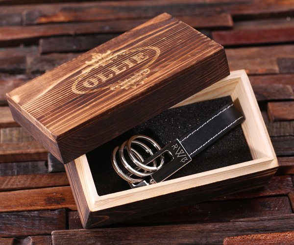 Engraved Leather Keychain in Black with Keepsake Wood Box T-025021-Black