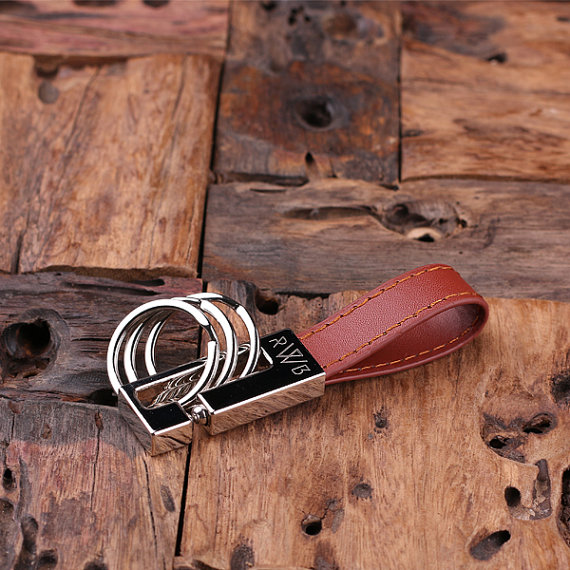 Engraved Leather Keychain in Brown T-025021