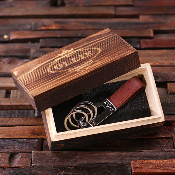 Engraved Leather Keychain in Brown with Keepsake Wood Box T-025021-Brown