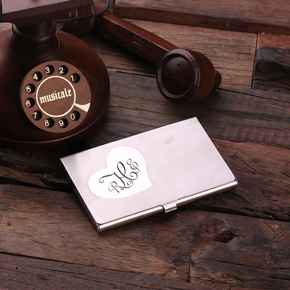 Engraved Stainless Steel Heart Design Business Card Holder Closed T-025033