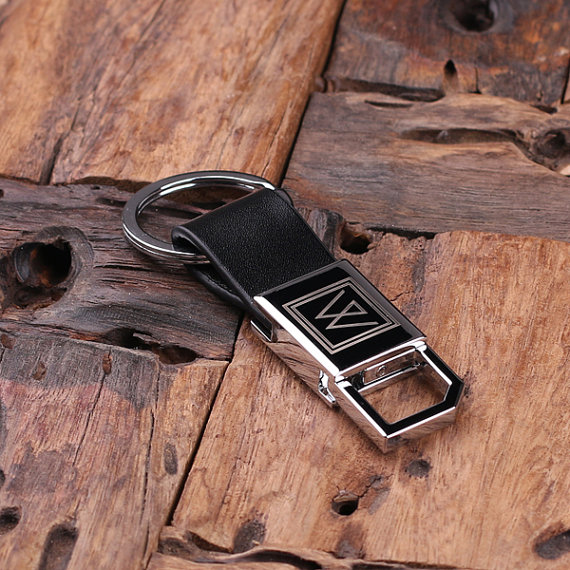 Leather Engraved Black Monogrammed Keychain Close Up T-025017-Black