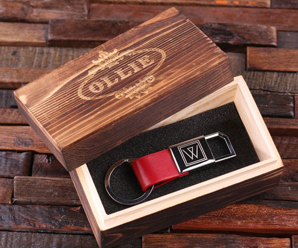 Leather Engraved Red Monogrammed Keychain & Keepsake Box T-025017-Red