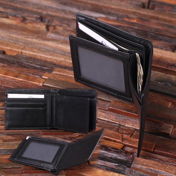 Men’s Personalized Black Engraved Leather Wallet Close Up T-024990-Black