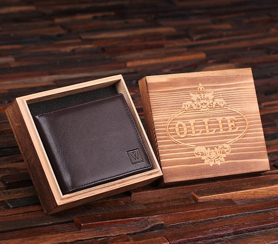 Men’s Personalized Black Engraved Leather Wallet & Wood Box T-024990-Black