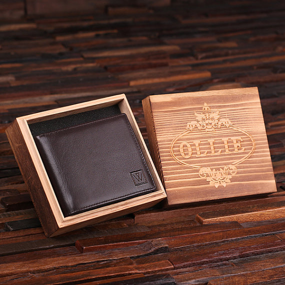 Men’s Personalized Black Engraved Leather Wallet & Wood Box T-024990-Black