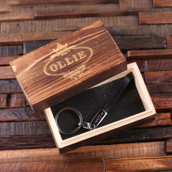 Metal and Leather Engraved Keychain in Black with Wood Box T-025014-Black