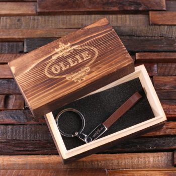 Metal and Leather Engraved Keychain in Brown with Wood Box T-025014-Brown