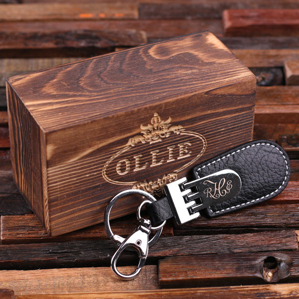 Monogrammed Black Leather Engraved Key Chain Outside Wood Box T-025024-Black