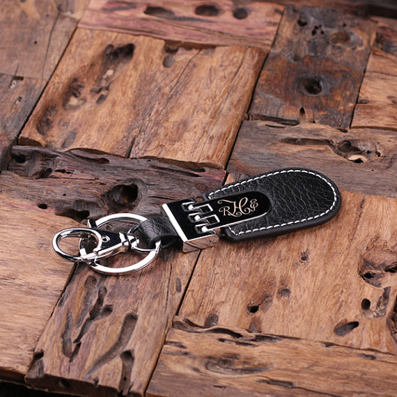 Monogrammed Black Leather Engraved Key Chain T-025024-Black