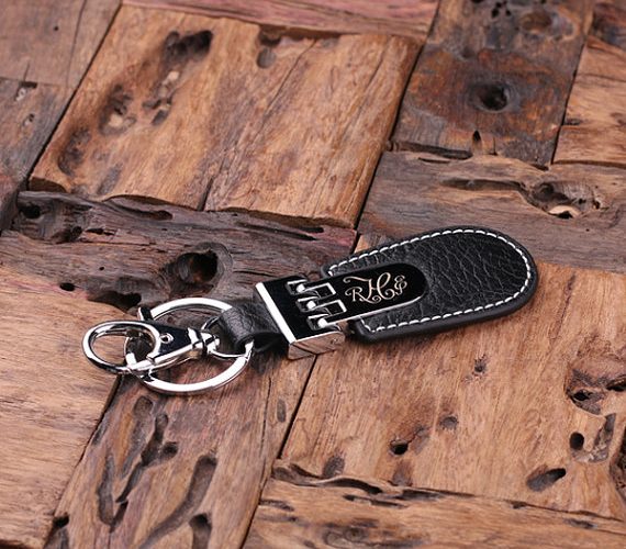Monogrammed Black Leather Engraved Keychain T-025023-Black