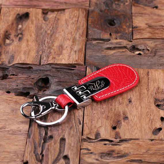 Monogrammed Red Leather Engraved Key Chain T-025024-Red