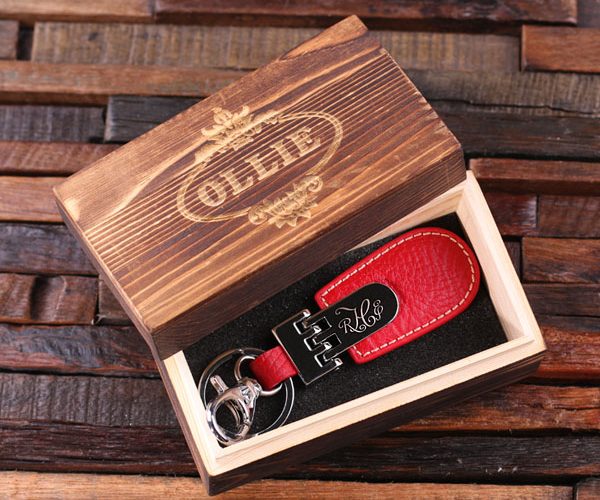 Monogrammed Red Leather Engraved Key Chain & Wood Box T-025024-Red