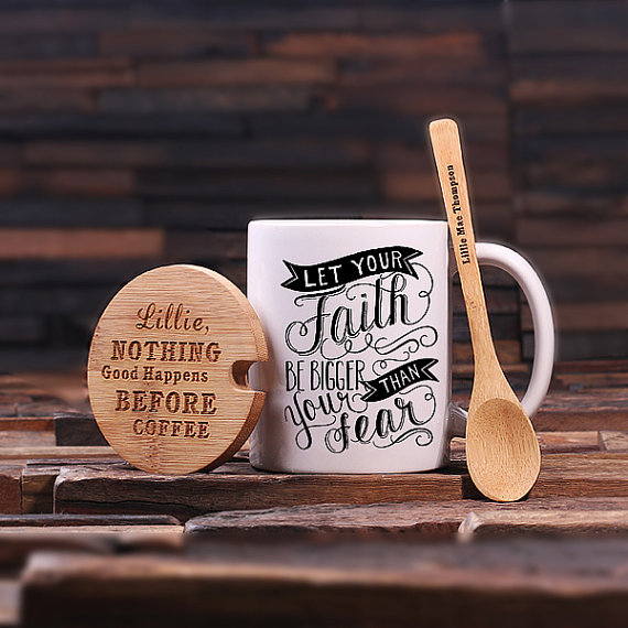 Personalized 12 oz Mug, Lid & Teaspoon Complete Set – Faith Print T-024938-00034
