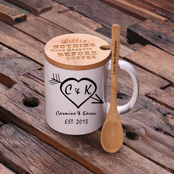 Personalized 12 oz Mug, Lid & Teaspoon Set Closeup – Couples Print T-024938-00010