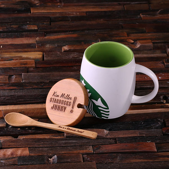 Personalized 16-oz White Starbucks Mug & Bamboo Utensil Set Complete T-024957-White