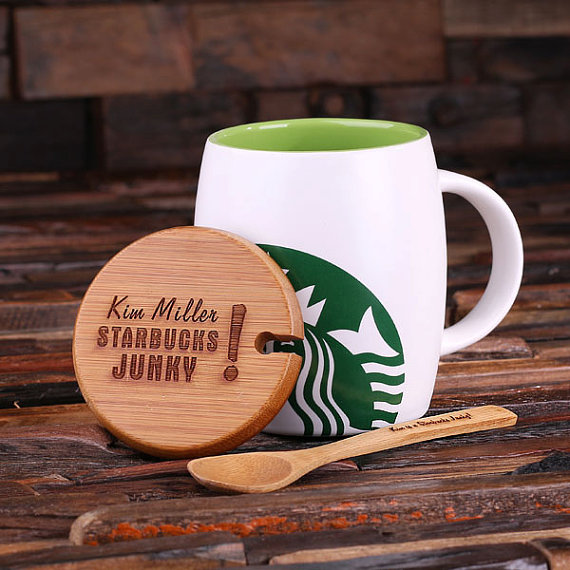 Personalized 16-oz White Starbucks Mug & Bamboo Utensil Set T-024957-White Engraved