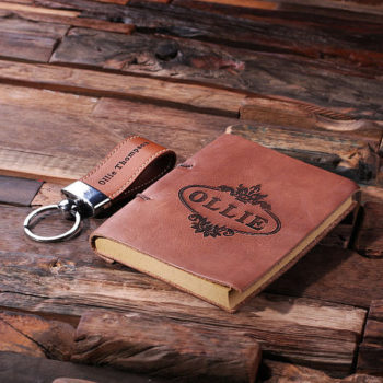 Personalized 2-PC Brown Leather Key Chain & Journal Gift Set T-024978
