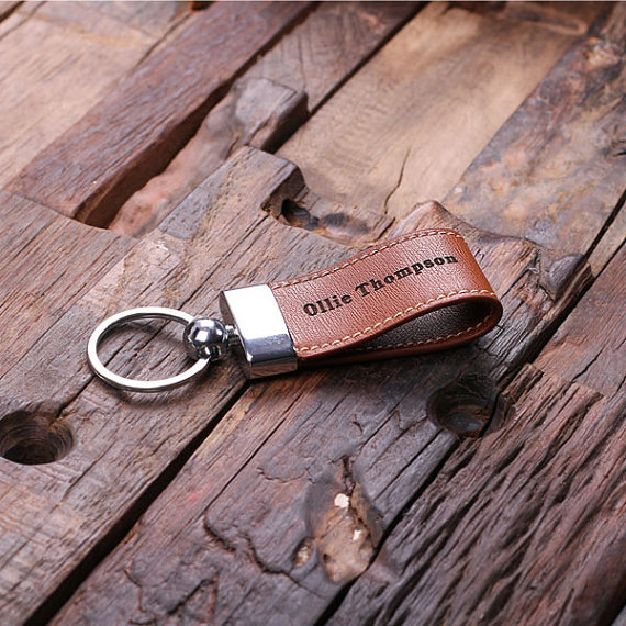 Personalized 2-PC Brown Leather Keychain T-024978