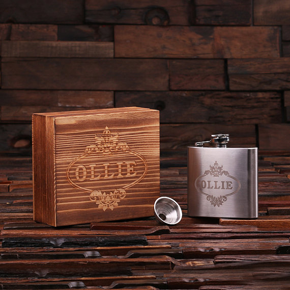 Personalized 5-oz Stainless Steel Flask, Funnel & Wood Gift Box T-024987