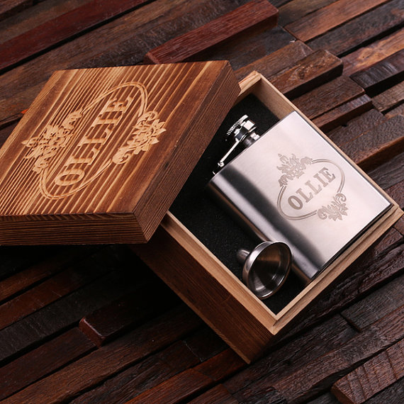 Personalized 5-oz Stainless Steel Flask with Wood Gift Box T-024987