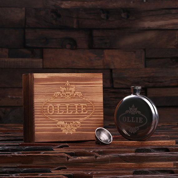 Personalized 5-oz Stainless Steel Round Flask, Funnel & Keepsake Box T-024988