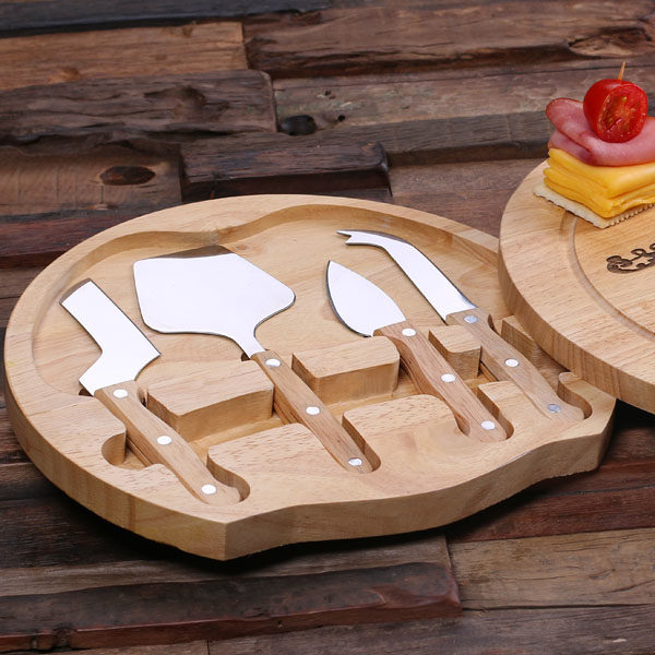 Personalized Bamboo Serving Tray Cheese Board & Knife Set Closeup T-025212