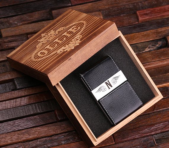 Personalized Black Leather Business Card Holder & Wood Box T-025051