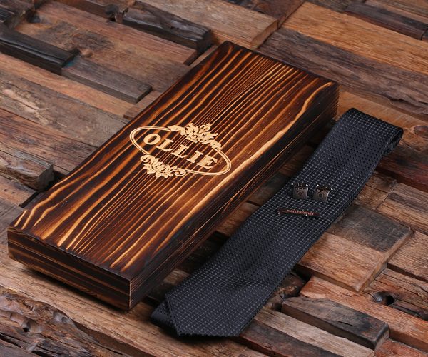 Personalized Black Tie Gift Set with Cuff Links & Tie Clip T-025220-Black