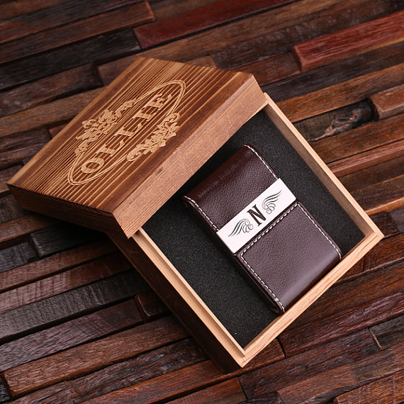 Personalized Brown Leather Business Card Holder & Wood Box (1)